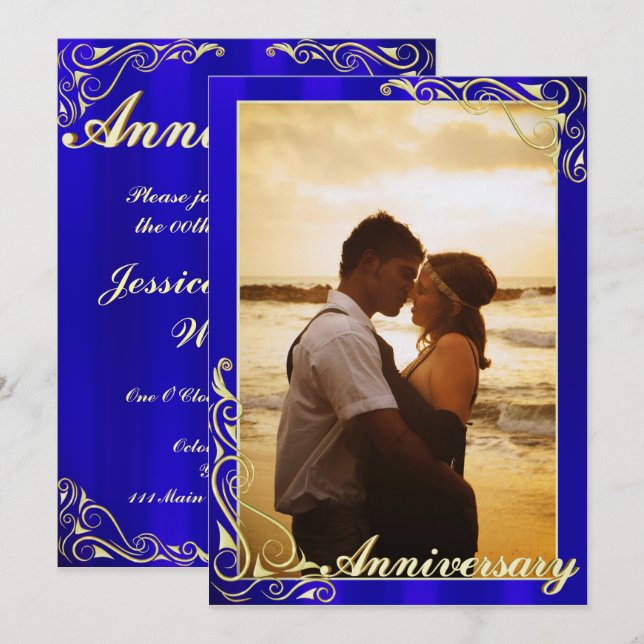 Convite Aniversário de Fotografia Azul e Dourada Elegante (Frente/Verso)