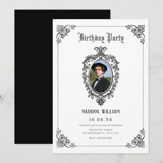 Convite Aniversário de fotografia gótica branca e negra (Frente/Verso)