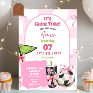 Convite Aniversário de Futebol com Laço Retro Cor-de-Rosa