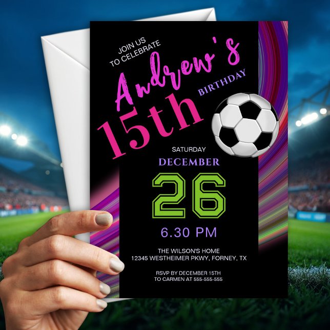 Convite Aniversário de Futebol Neon Multicolor Moderno (Criador carregado)
