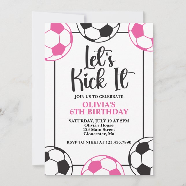 Convite Aniversário de Futebol Rosa e Preto (Frente)