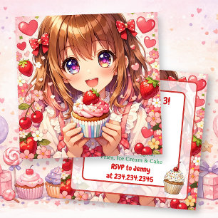 Convite Aniversário de Garota de Anime   Morangos e Bolinh