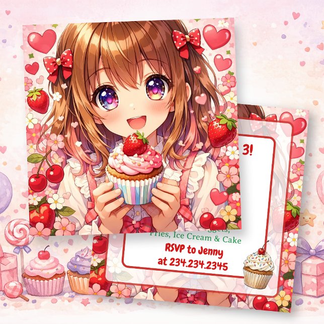 Convite Aniversário de Garota de Anime | Morangos e Bolinh (Criador carregado)