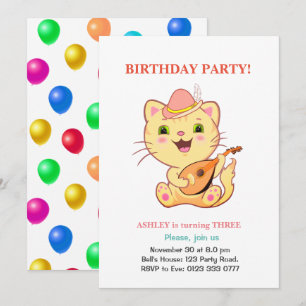 Convite Aniversário de Gatinho Fofo & Balões Multicolorido