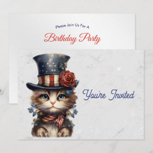 Convite Aniversário de Gatinho Patriótico Vintage