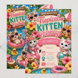 Convite Aniversário de Gatinho Tropical - Festa na Piscina