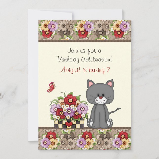 Convite Aniversário de Gato, Flores e Borboletas (Frente)