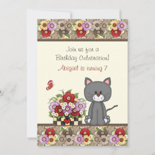 Convite Aniversário de Gato, Flores e Borboletas
