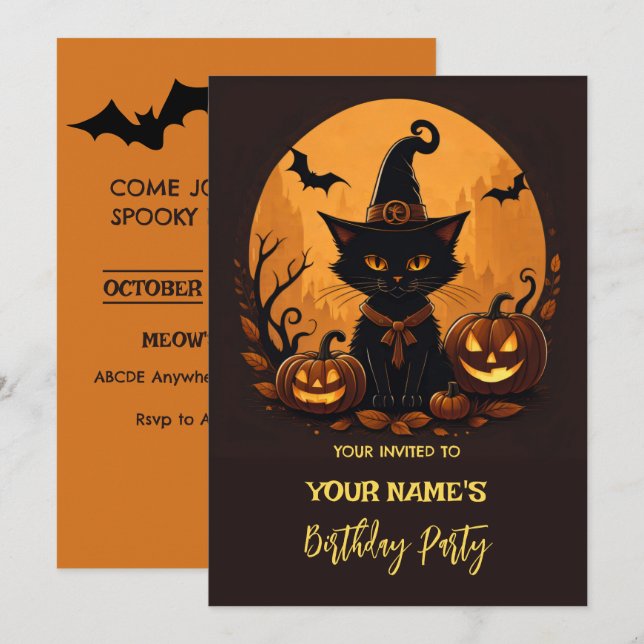Convite Aniversário de gato no halloween  (Frente/Verso)