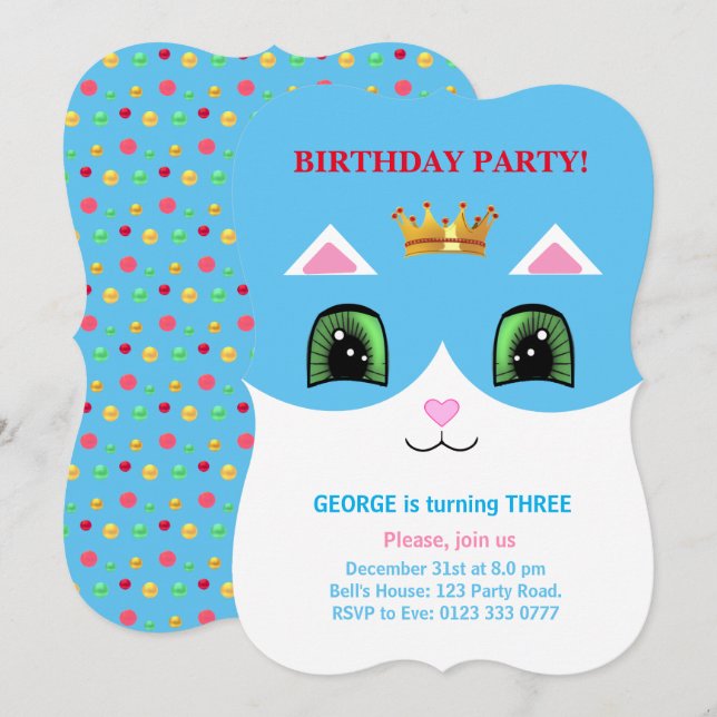Convite Aniversário de Gato Prince de Tuxedo Turquesa e Br (Frente/Verso)