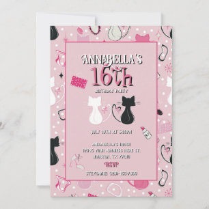 Convite Aniversário de Gatos de Coração Rosa de meio sécul