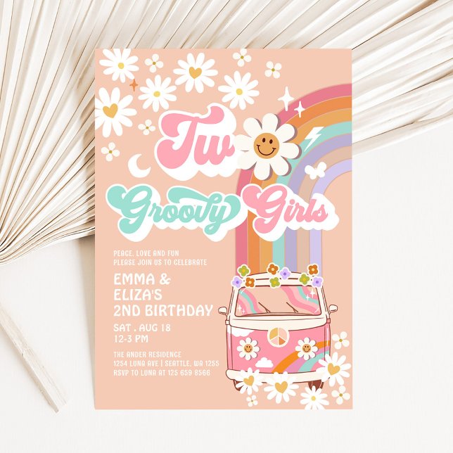 Convite Aniversário de Gêmeas Meninas Descoladas Van Dália (Criador carregado)