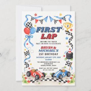 Convite Aniversário de Gêmeos Carro de Corrida Azul e Verm