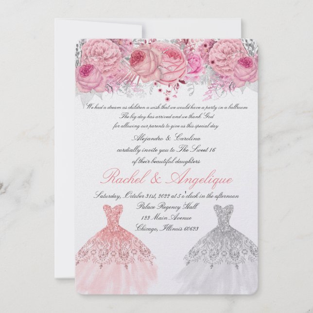 Convite Aniversário de Gêmeos Rosa e Dourado (Frente)