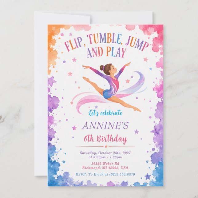 Convite Aniversário de Ginástica com Aquarela Personalizad (Frente)