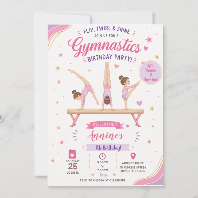 Convite Aniversário de Ginástica com Brilho Personalizado (Frente)