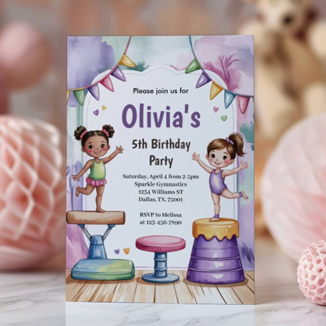 Convite Aniversário de Ginástica Infantil Aquarela Fofa (Criador carregado)