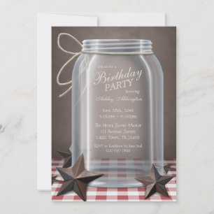 Convite Aniversário de Gingham Vermelho nas Estrelas de J