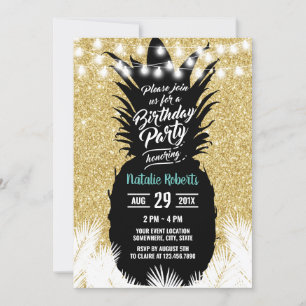 Convite Aniversário de Glitter Dourado e Moderno do Ananás