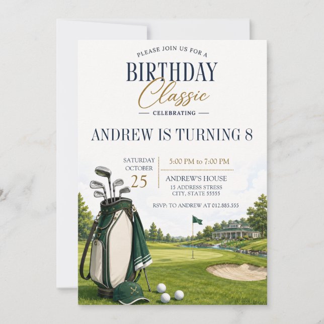 Convite Aniversário de Golfe Moderno Personalizado (Frente)