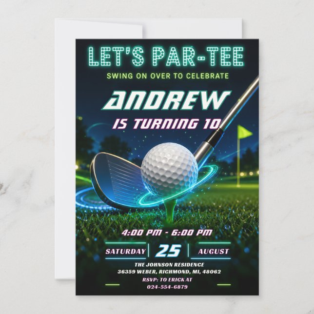 Convite Aniversário de Golfe Neon Pessoal (Frente)