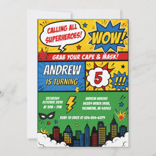 Convite Aniversário de Gráficos de Super-Herói de Quadrinh
