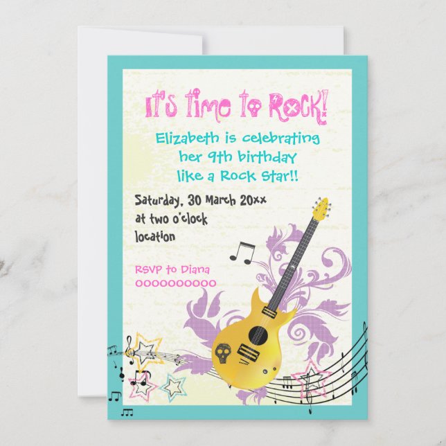 Convite Aniversário de guitarra de estrela do rock (Frente)