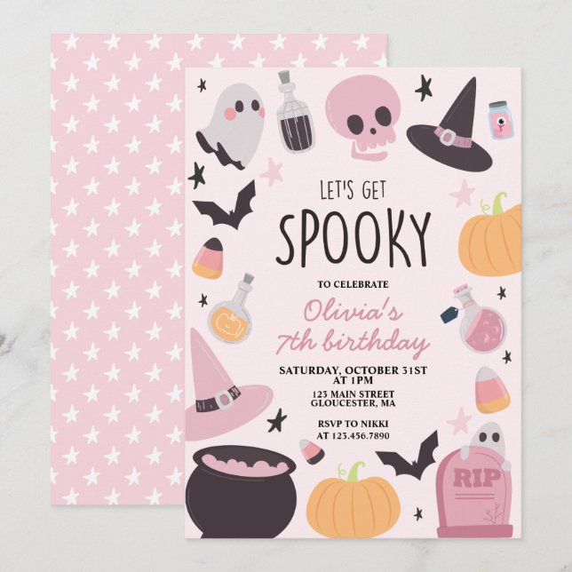 Convite Aniversário de Halloween Assustador Rosa (Frente/Verso)