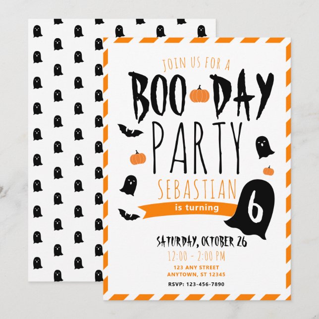 Convite Aniversário de Halloween Boo-Day Fantasmas e Morce (Frente/Verso)