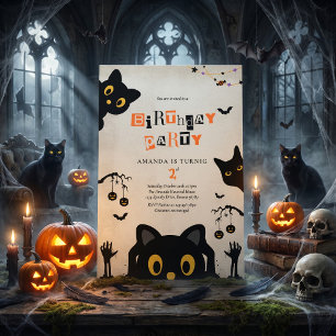 Convite Aniversário de Halloween de Gato Preto Fofo