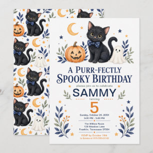 Convite Aniversário de Halloween de Gato Preto Perfeitamen