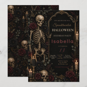 Convite Aniversário de Halloween Esqueleto Gótico