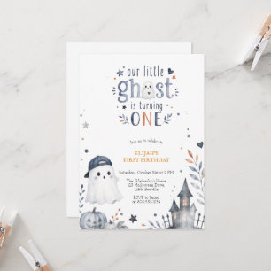 Convite Aniversário de Halloween Fantasma Fofo Aquarela Az