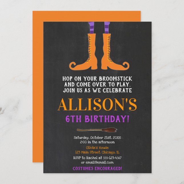 Convite Aniversário de Halloween, pés de bruxa, laranja ro (Frente/Verso)