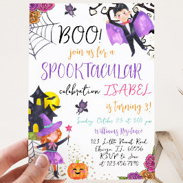 Convite Aniversário de Halloween Rosa Roxo Espetacular