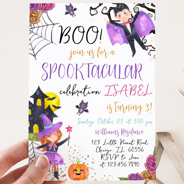 Convite Aniversário de Halloween Rosa Roxo Espetacular (Criador carregado)