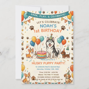 Convite Aniversário de Husky Fofa e Amigos Cachorros
