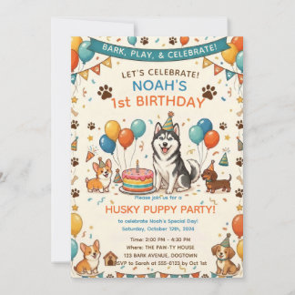 Convite Aniversário de Husky Fofa e Amigos Cachorros