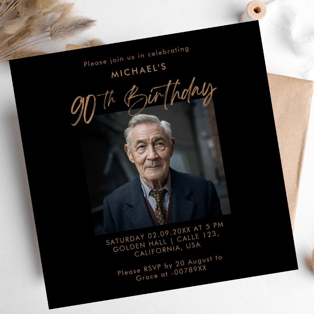 Convite Aniversário de Imagem de 90 Preto e Dourado com Sc (Criador carregado)