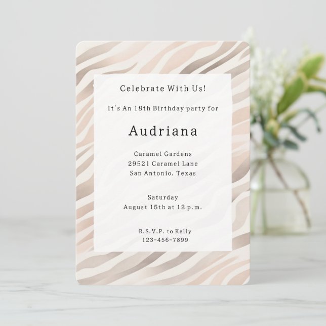 Convite Aniversário de Impressão Animal de Creme Zebra Ros (Em pé/Frente)