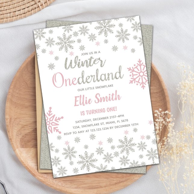 Convite Aniversário de inverno com Floco de Neve Rosa Pers (Pink Silver SnowFlake Winter Birthday Onederland Invitation)