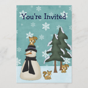 Convite Aniversário de inverno de Snowman e esquilos