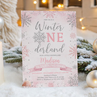 Convite Aniversário de Inverno Onederland Rosa Flocos de N