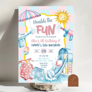 Convite Aniversário de Irmãos com Piscina Rosa e Azul Groo