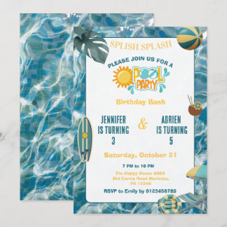 Convite Aniversário de Irmãos em Festa Conjunta na Piscina
