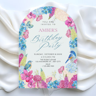 Convite Aniversário de jardim de primavera floral rosa azu