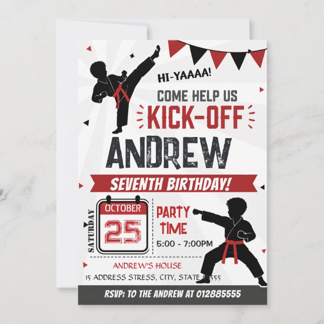 Convite Aniversário de Karate moderno pessoal (Frente)