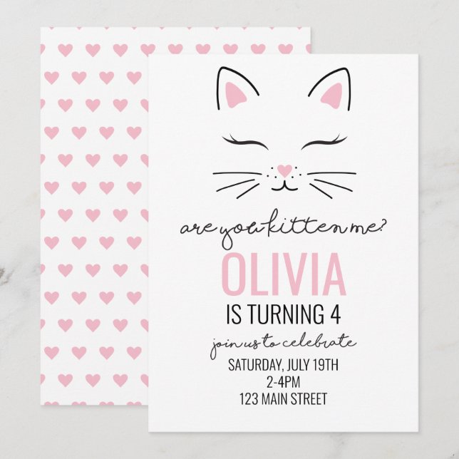 Convite Aniversário de Kitten Pink Hearts (Frente/Verso)
