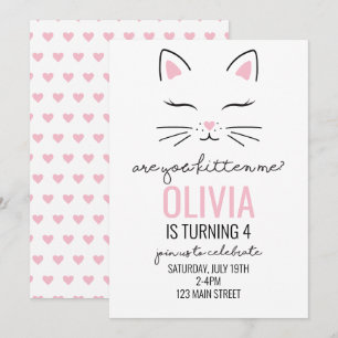 Convite Aniversário de Kitten Pink Hearts