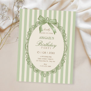 Convite Aniversário de laço doce elegante verde vintage